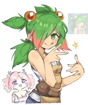 Rule 34 | 2girls, :d, :p, anna (epic battle fantasy), bare shoulders, blue eyes, blush, breasts, brown overalls, cleavage, closed mouth, commentary, denim, drill hair, english commentary, epic battle fantasy, green eyes, green hair, hair ornament, hair over one eye, jeans, multicolored hair, multiple girls, natalie (epic battle fantasy), one eye closed, open mouth, overalls, pants, pink hair, rabbit hair ornament, red streaks, reference inset, shirt, sifserf, simple background, smile, tongue, tongue out, twin drills, two-tone hair, upper body, white background, white shirt