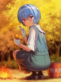 1girl ayanami_rei blue_hair blush hair_between_eyes highres neon_genesis_evangelion red_eyes school_uniform short_hair solo tokyo-3_middle_school_uniform yahha