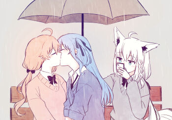 3girls ahoge animal_ears black_bow black_bowtie black_ribbon blue_eyes blue_hair blue_sweater bow bowtie braid cat_ears cellphone closed_eyes collared_shirt commentary fubumicomet_(hololive) grey_background grey_sweater grey_umbrella guy_holding_umbrella_over_kissing_couple_(meme) hair_ribbon highres holding holding_phone holding_umbrella hololive hoshimachi_suisei kiss long_hair meme multiple_girls on_bench one_side_up outdoors phone pink_hair pink_sweater rain ribbon sakura_miko school_uniform shirakami_fubuki shirt side_braid sitting smartphone sweater taking_picture twintails umbrella virtual_youtuber white_shirt yumi5469 yuri