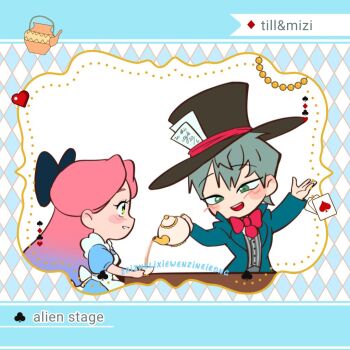 1boy 1girl ace_(playing_card) ace_of_spades alien_stage apron black_bow black_hat blue_coat blue_dress blue_hair bow bowtie card character_name club_(shape) coat commentary copyright_name cup diamond_(shape) dress english_commentary gradient_hair green_eyes grey_hair grey_vest hair_bow hat heart holding holding_teapot long_hair long_sleeves mirdilean mizi_(alien_stage) multicolored_hair pink_hair playing_card pouring puffy_short_sleeves puffy_sleeves red_bow red_bowtie short_sleeves spade_(shape) striped_clothes striped_vest teacup teapot till_(alien_stage) top_hat two-tone_hair vest white_apron yellow_eyes