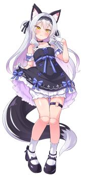 1girl animal_ears arm_garter black_collar black_dress black_hairband black_shoes bloomers collar commentary_request doll_joints dress fang fang_out frilled_dress frills full_body gloves gradient_hair grey_hair hairband half_gloves highres joints long_hair looking_at_viewer mary_janes multicolored_hair original pink_hair shoes simple_background skirt_hold sleeveless sleeveless_dress socks tail thigh_strap two_side_up ug_(nekonekodou) underwear white_arm_garter white_background white_bloomers white_gloves white_socks yellow_eyes