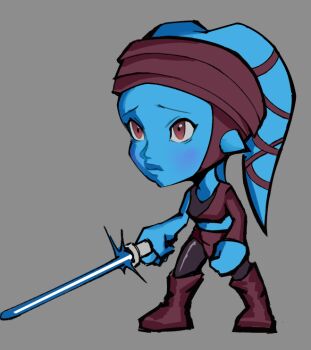 Rule 34 | 1girl, aayla secura, alien, blue lightsaber, boots, brown boots, brown eyes, brown pants, brown shirt, chibi, crop top, david dosaan, energy sword, grey background, holding, holding sword, holding weapon, lekku (anatomy), lightsaber, pants, shirt, simple background, single sleeve, solo, star wars, sword, twi'lek, weapon