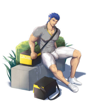 1boy abs bag bara biceps blue_hair bulge bush chachi_(soulga) collared_shirt cu_chulainn_(fate) cu_chulainn_(lancer)_(fate) cum fate/stay_night fate_(series) large_pectorals long_hair looking_to_the_side male_focus manly mature_male muscular muscular_arms muscular_legs muscular_male nipples open_mouth pectorals plant ponytail red_eyes see-through_clothes shirt shoes short_hair simple_background snickers_(brand) solo spiked_hair sweat sweatdrop teeth thighs tight_clothes wet wet_clothes white_background