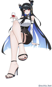 1girl absurdres alcohol black_hair blush crossed_legs cup drinking_glass ecchi-o feet highres hololive horns long_hair looking_at_viewer miniskirt multicolored_hair nerissa_ravencroft parted_lips red_eyes sandals skirt toes two-tone_hair wine wine_glass