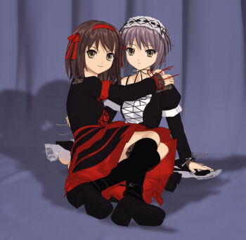 00s 2girls 3d boots brown_eyes brown_hair goth_fashion grey_hair hairband hokusen multiple_girls nagato_yuki suzumiya_haruhi suzumiya_haruhi_no_yuuutsu
