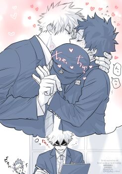 Rule 34 | 3boys, arm up, bakugou katsuki, boku no hero academia, buttoned cuffs, buttons, closed eyes, collared shirt, commentary request, flying sweatdrops, freckles, grin, hand on another's neck, hat, heart, highres, holding, holding stylus, holding unworn clothes, holding unworn hat, jacket, kirishima eijiro, kiss, lapels, layered sleeves, long sleeves, looking at another, male focus, midoriya izuku, multiple boys, necktie, notched lapels, oroshi mi, partially shaded face, shirt, short hair, smile, speech bubble, spiked hair, spoken character, stylus, suit jacket, teeth, thought bubble, unworn hat, unworn headwear, watermark, wing collar, yaoi