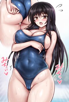 1girl adjusting_clothes adjusting_swimsuit ass blue_one-piece_swimsuit breasts brown_hair cameltoe cleavage commentary_request covered_navel groin huge_ass kotegawa_yui large_breasts long_hair one-piece_swimsuit open_mouth r-binon school_swimsuit sideboob swimsuit thick_thighs thighs to_love-ru undersized_clothes wet wide_hips yellow_eyes