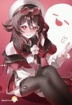 1girl bare_shoulders beret black_thighhighs blush bow brown_hair colored_tips dated eyewear_on_head flower flower-shaped_pupils genshin_impact ghost gradient_hair grin hair_between_eyes hair_rings hat highres hu_tao_(cherries_snow-laden)_(genshin_impact) hu_tao_(genshin_impact) long_hair long_sleeves looking_at_viewer multicolored_hair nail_polish off_shoulder pink_background plum_blossoms red_eyes red_sailor_collar red_skirt sailor_collar shirt sitting skirt smile solo sunglasses symbol-shaped_pupils tassel teeth thighhighs tinted_eyewear v white_shirt yukiusagi_(snowrabbit0508)