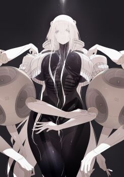 1girl black_skin bone colored_skin eurica_(ub1mo) exposed_bone extra_arms highres joints multicolored_skin original ribs robot_girl robot_joints see-through_body skeleton solo two-tone_skin ub1mo white_hair white_skin