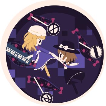 2girls abstract_background black_capelet black_hat black_skirt blonde_hair border bow brown_border brown_hair capelet chibi circle closed_mouth cobalta commentary dress flying frilled_dress frills from_side gap_(touhou) hat hat_bow hat_ribbon holding_hands long_skirt long_sleeves loose_hair_strand maribel_hearn medium_hair mob_cap multiple_girls neck_ribbon open_mouth purple_background purple_dress purple_shirt red_ribbon ribbon ribbon-trimmed_capelet ribbon-trimmed_skirt ribbon_trim road_sign shirt short_hair sign skirt touhou train usami_renko white_background white_bow white_hat white_ribbon white_shirt