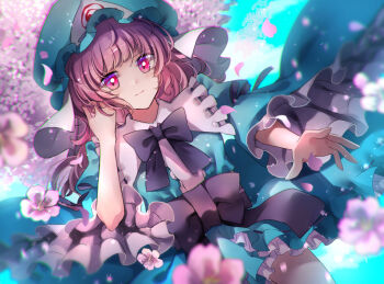 1girl black_bow black_bowtie black_sash blue_dress blue_hat blue_sky blurry bow bowtie cherry_blossoms cloud collar commentary_request depth_of_field dress falling_flower falling_petals flower frilled_collar frilled_dress frilled_sleeves frills hand_in_own_hair hat light_blush light_smile long_hair mob_cap outstretched_arm petals pink_eyes pink_flower pink_hair pink_petals saigyouji_yuyuko sash sky solo touhou triangular_headpiece veil white_collar white_veil zukapin