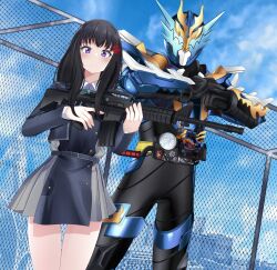 Rule 34 | 1boy, 1girl, absurdres, aqua ribbon, armor, assault rifle, belt, black hair, black socks, blue armor, blue belt, blue dress, blue eyes, blue sky, bodysuit, breasts, brown footwear, build driver, chain-link fence, clenched hand, closed mouth, collared shirt, dragon, dress, fence, fire, flame print, full body, gloves, glowing, glowing eyes, grey dress, gun, highres, inoue takina, kamen rider cross-z, kneehighs, loafers, long hair, long sleeves, looking at viewer, lycoris recoil, lycoris uniform, neck ribbon, pleated dress, purple eyes, reiei 8, ribbon, rider belt, rifle, science fiction, shirt, shoes, shoulder armor, simple background, sky, small breasts, socks, solo, standing, tachi-e, tokusatsu, two-tone dress, weapon, white shirt