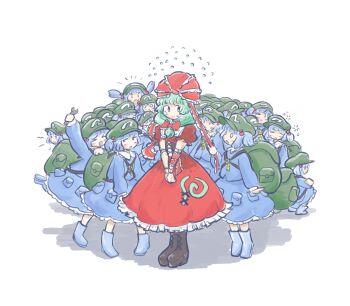 6+girls bag blue_dress blue_hair bow clone commentary dress english_commentary frilled_dress frilled_ribbon frills front_ponytail green_eyes green_hair green_hat hair_bow hair_ribbon hat highres kagiyama_hina kawashiro_nitori multiple_girls oysterfried red_bow red_dress red_ribbon ribbon touhou two_side_up white_background