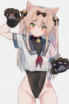 Rule 34 | 1girl, :o, animal ears, animal hands, arm up, bare hips, bell, black bow, black collar, black leotard, blue sailor collar, blush, bow, cat ears, collar, commentary, covered navel, cropped legs, girls' frontline, gloves, green eyes, grey background, groin, hair bell, hair between eyes, hair bow, hair intakes, hair ornament, head tilt, highleg, highleg leotard, highres, leotard, long hair, looking at viewer, neck bell, no pants, open mouth, paw gloves, paw pose, pink hair, sailor collar, school uniform, serafuku, shirt, short sleeves, signature, simple background, sleeveless turtleneck leotard, solo, thighs, tmp (girls' frontline), tmp (meow prism power) (girls' frontline), two side up, white shirt, youthpaint