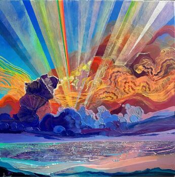 acrylic_paint_(medium) anastasia_trusova blue_sky cloud cloudy_sky commentary english_commentary evening highres light_rays no_humans ocean original outdoors painting_(medium) scenery sky traditional_media