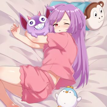 1girl absurdres bed bed_sheet bird commission commissioner_upload highres horns hugging_object mercy_modiste monkey on_bed one_eye_closed open_mouth pajamas penguin pillow purple_eyes purple_hair red_eyes shorts sleepy snippet_(mercy_modiste) solo stuffed_toy vallure virtual_youtuber yuriiniko