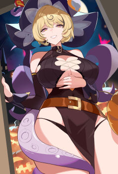 1girl absurdres alternate_costume belt black_hair black_panties blonde_hair blue_hat breasts brown_belt cleavage commentary halloween hat highres jack-o&#039;-lantern large_breasts looking_at_viewer multicolored_hair night night_sky panties peacekeeper.45 pelvic_curtain pink_eyes pumpkin short_hair sky smile solo tentacles thigh_focus thighs two-tone_hair underwear yidhari_murphy zenless_zone_zero