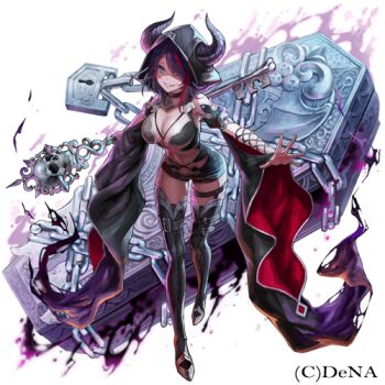 1girl aura breasts buckle chain chained character_request coffin copyright_name copyright_request enegry floating_object floating_weapon full_body hood hoodie horns huge_weapon key large_breasts latex lock necromancer nergal okuma_mai one_eye_covered padlock purple_eyes sarcophagus shorts skull skull_ornament sleeves_past_wrists smile staff thighhighs weapon white_background