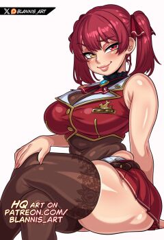 Rule 34 | 1girl, absurdres, ascot, bare shoulders, blannis, breasts, cleavage, commentary, cropped jacket, crossed legs, english commentary, hair ribbon, heart, heart necklace, heterochromia, highres, hololive, houshou marine, houshou marine (1st costume), jacket, jewelry, large breasts, leotard, leotard under clothes, looking at viewer, naughty face, necklace, red ascot, red eyes, red hair, red jacket, ribbon, see-through cleavage, see-through clothes, see-through leotard, skirt, sleeveless, sleeveless jacket, smile, solo, thick thighs, thighhighs, thighs, twintails, virtual youtuber, yellow eyes