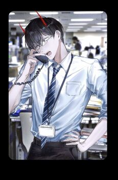 1boy black_hair collared_shirt cowboy_shot demon_horns glasses hand_on_own_hip head_tilt highres holding holding_phone horns id_card indoors kim_dokja male_focus necktie office omniscient_reader&#039;s_viewpoint open_mouth people phone photo_background shirt shirt_tucked_in short_hair solo_focus striped_necktie talking_on_phone toupou39 white_shirt