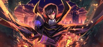 1boy artist_request ascot backlighting black_cape black_coat black_gloves black_hair black_headwear cape city closed_mouth cloud coat code_geass code_geass:_lost_stories crossed_arms embers fire game_cg geass gloves gold_trim gradient_sky hair_between_eyes hand_up happy helmet heterochromia high_collar highres holding holding_unworn_helmet hole_in_wall lelouch_vi_britannia long_sleeves male_focus night non-web_source official_art orange_sky outdoors outline pink_eyes purple_eyes purple_sky short_hair sidelocks sky smile solo standing unworn_headwear unworn_helmet upper_body v-shaped_eyebrows white_ascot zero_(code_geass)