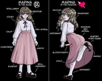 1girl arms_at_sides ass black_background black_ribbon black_shoes blood blood_on_clothes blood_on_hands bloody_knife brown_hair closed_mouth commentary english_commentary english_text face_piercing fear_&amp;_hunger_(series) fear_&amp;_hunger_2:_termina frilled_shirt_collar frills full_body heart holding holding_knife jaggy_lines knife lilian_duleroux long_hair long_skirt long_sleeves looking_at_viewer marina_(fear_&amp;_hunger) mary_janes mouth_piercing multiple_views neck_ribbon parted_lips pentagram piercing pink_skirt purple_eyes reverse_grip ribbon shirt shirt_tucked_in shoes simple_background skirt socks standing standing_on_one_leg white_shirt white_socks