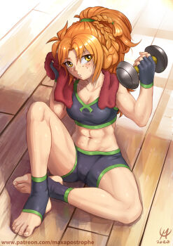 1girl 2020 abs bare_legs bare_shoulders blush braid breasts cleavage collarbone day dumbbell exercising feet female_focus fingerless_gloves fingernails freckles full_body gloves gym gym_uniform hair_ornament hair_scrunchie heel-less_legwear les_chevaucheurs light_rays long_hair looking_at_viewer maxa' medium_breasts metal midriff muscular muscular_female navel on_floor orange_hair scrunchie shadow shiny_skin short_shorts shorts side_braid signature sitting solo sports_bra sweat thighs toeless_legwear toenails toes towel towel_around_neck two-sided_fabric yellow_eyes