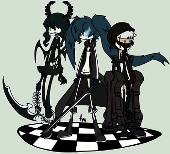 3girls bikini bikini_top_only black_dress black_hair black_rock_shooter black_rock_shooter_(character) blue_eyes blue_hair boots brown_eyes checkered checkered_floor dead_master dress flaming_eye green_background green_eyes grim-evilnov highres hood hooded_jacket hoodie jacket mechanical_arms multiple_girls navel outline scar scythe short_hair short_shorts shorts signature simple_background smile strength_(black_rock_shooter) sword tail thighhighs twintails weapon white_hair wings