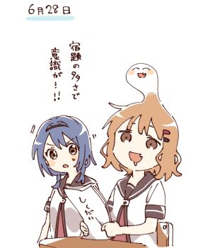 2girls :d black_hairband blue_hair blush_stickers braid brown_eyes brown_hair brown_sailor_collar chair desk dress drooling empty_eyes fang furutani_himawari hair_ornament hairband hairclip hashtag-only_commentary highres holding holding_paper homework multiple_girls namori nanamori_school_uniform oomuro_sakurako open_mouth paper parallel_hairclips pleated_dress red_dress sailor_collar school_uniform shirt short_hair short_sleeves simple_background smile summer_uniform translation_request twin_braids upper_body white_background white_shirt yuruyuri