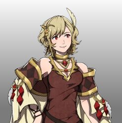 Rule 34 | 1girl, bare shoulders, blonde hair, breasts, brown dress, citrinne (fire emblem), cleavage, commentary, dress, duneair, earrings, fire emblem, fire emblem engage, gradient background, grey background, hair ornament, highres, hoop earrings, jewelry, long sleeves, neck ring, nintendo, red eyes, short hair, small breasts, smile, solo, upper body