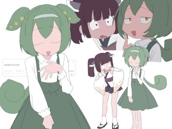 2girls alternate_costume brown_hair closed_eyes collared_shirt commentary_request constricted_pupils doppelschwert eyelid_pull furrowed_brow green_hair green_skirt hairband hand_on_own_cheek hand_on_own_chest hand_on_own_face hands_on_own_cheeks hands_on_own_face headgear highres horrified index_finger_raised japanese_clothes kimono korean_commentary korean_text long_sleeves low_ponytail miniskirt multiple_girls multiple_views obi obiage ojou-sama_zundamon open_mouth pleated_skirt ponytail purple_skirt raised_eyebrows request_inset sandals sash shirt shirt_tucked_in short_kimono simple_background skirt smile socks standing suspender_skirt suspenders tabi touhoku_kiritan translation_request twintails voiceroid voicevox white_background white_hairband white_kimono white_shirt white_socks wide-eyed wide_sleeves yellow_eyes zouri zundamon