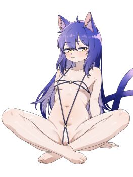 1girl absurdres animal_ears bikini blue_hair blush breasts cat_ears cat_girl cat_tail commentary_request frown full_body highres indian_style kinosita long_hair looking_at_viewer micro_bikini o-ring o-ring_bikini original see-through_bikini see-through_clothes sitting small_breasts strapless strapless_bikini string_bikini swimsuit tail yellow_eyes