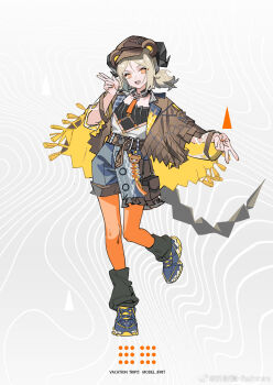 Rule 34 | 1girl, absurdres, arknights, chinese commentary, commentary request, crossover, demon girl, demon horns, double v, grey hair, hat, highres, horns, ifrit (arknights), medium hair, nail polish, official alternate costume, orange eyes, orange nails, orange pantyhose, pantyhose, pantyhose under shorts, pigeon-toed, rilakkuma, short twintails, shorts, sidelocks, solo, tail, twintails, v, zheshe jing
