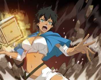 Rule 34 | 1girl, absurdres, black clover, black clover m: rise of the wizard king, black hair, blue capelet, book, capelet, crop top, green eyes, grimoire, highres, looking at viewer, midriff, navel, non-web source, official art, open book, open mouth, shirt, short hair, short shorts, shorts, sleeveless, sleeveless shirt, sol marron, solo, teeth, upper teeth only, white shirt, white shorts