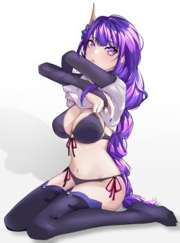 1girl alternate_costume arms_up bikini black_bikini blue_pupils blunt_bangs blush braid breasts bridal_gauntlets cleavage commentary earrings english_commentary from_side full_body genshin_impact grey_background hair_ornament head_tilt highres jewelry large_breasts lifting_own_clothes light_blush long_braid looking_to_the_side losttangerine mole mole_under_eye multicolored_eyes navel open_mouth purple_eyes purple_hair purple_thighhighs raiden_shogun shade shadow shirt short_sleeves sideboob single_braid sitting solo stomach swimsuit thighhighs thighs undressing wariza