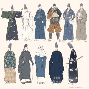 Rule 34 | 1girl, 6+boys, absurdres, armor, barefoot, hakama, hands up, hat, highres, hitatare, holding, japanese armor, japanese clothes, kamakura-dono no 13-nin, kosode, looking at viewer, looking to the side, multiple boys, nun, obi, omiyu99, own hands together, paper, sash, sword, tachi-e, tate eboshi, traditional nun, twitter username, waraji, weapon