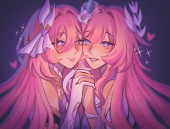 2girls bare_shoulders color_connection commentary company_connection cyrene_(honkai:_star_rail) cyrene_(ripples_of_past_reverie)_(honkai:_star_rail) diamond-shaped_pupils diamond_(shape) elf elysia_(herrscher_of_human:_ego)_(honkai_impact) elysia_(honkai_impact) english_commentary flowerdr3amer gloves hair_color_connection hair_ornament halo highres holding_hands honkai:_star_rail honkai_(series) honkai_impact_3rd inoue_marina long_hair multicolored_hair multiple_girls pink_hair pointy_ears purple_eyes simple_background smile symbol-shaped_pupils two-tone_hair very_long_hair voice_actor_connection white_gloves white_hair yanning