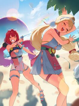 2girls absurdres aircraft alice_thymefield alice_thymefield_(sea_of_thyme) animal_ears beach blonde_hair blue_sky bracelet braid breasts cleavage closed_eyes commentary day dress_swimsuit english_commentary eyewear_on_head grapefruit-san green_eyes grin hair_ornament heart heart-shaped_eyewear highres hollow_(zenless_zone_zero) hot_air_balloon jewelry looking_at_another low_twin_braids low_twintails multiple_girls ocean one-piece_swimsuit open_mouth outdoors palm_tree rabbit_ears rabbit_girl rabbit_tail rainbow red_hair sandals shoes sky smile sphere_hair_ornament swimsuit tail thigh_strap tree twin_braids twintails ukinami_yuzuha ukinami_yuzuha_(tanuki_in_broad_daylight) water_gun white_shoes zenless_zone_zero