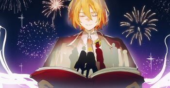 1other 6+boys 6+girls aerial_fireworks black_coat black_jacket blonde_hair book closed_eyes closed_mouth coat commentary dante_(limbus_company) don_quixote_(project_moon) english_commentary faust_(project_moon) fireworks flaming_head gregor_(project_moon) hair_between_eyes hashtag-only_commentary heathcliff_(project_moon) highres holding holding_book hong_lu_(project_moon) jacket limbus_company meursault_(project_moon) multiple_boys multiple_girls necktie night open_clothes open_coat outis_(project_moon) people project_moon red_necktie rodion_(project_moon) ryoshu_(project_moon) shirt short_hair sidelocks silhouette sinclair_(project_moon) sixgod sky smile white_shirt yi_sang_(project_moon)