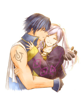 1boy 1girl arm_tattoo bare_shoulders black_gloves blue_eyes blue_hair brand_of_the_exalt breasts cape chrom_(fire_emblem) cleavage coat collarbone couple curled_fingers eyelashes female_robin_(fire_emblem) fingernails fire_emblem fire_emblem_awakening fold-over_gloves gloves hair_between_eyes happy highres hood hood_down hug intelligent_systems kissing_cheek long_coat long_hair long_sleeves matching_hair/eyes medium_breasts moverabbit0305 neck no_gloves open_mouth parted_lips purple_coat shirt short_hair sidelocks sleeveless sleeveless_shirt sleeves_past_wrists smile standing swept_bangs tattoo toned toned_male twintails upper_body white_cape white_hair wide_sleeves yellow_eyes