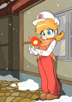 1girl blue_eyes brown_shoes earrings fire flower_earrings gloves hat highres jewelry junnosu mario_(series) nintendo orange_scarf overalls princess_daisy pyrokinesis red_overalls scarf shoes snow snowing white_gloves white_hat