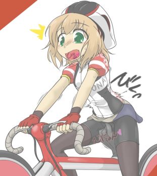 1girl bicycle bicycle_helmet bike_shorts black_shorts crotch_grab feet_out_of_frame fingering fingering_through_clothes fingerless_gloves gloves green_eyes groping helmet japanese_text kurata_ami long_riders! mudadamuda open_mouth pantyhose pantyhose_under_shorts riding riding_bicycle shorts surprised tears through_clothes white_background