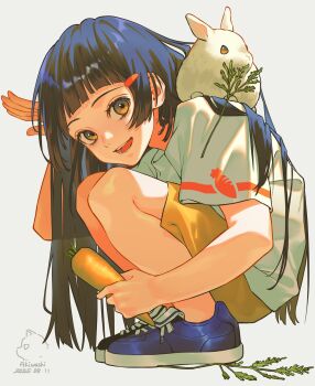1girl :d absurdres akiwashi animal animal_on_shoulder arm_up artist_name blue_eyes blue_hair blue_shoes blunt_bangs carrot character_request copyright_request dated full_body gradient_eyes hair_ornament hairclip highres holding holding_carrot long_hair looking_at_viewer multicolored_eyes open_mouth orange_eyes rabbit shirt shoes short_sleeves shorts sidelocks simple_background smile solo squatting teeth white_background white_shirt yellow_shorts