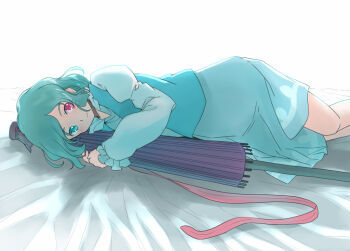1girl aqua_hair bed_sheet blue_eyes blue_skirt blue_vest commentary_request heterochromia holding holding_umbrella karakasa_obake light_blush light_smile long_sleeves long_tongue looking_at_viewer lying medium_hair oil-paper_umbrella on_side rangycrow red_eyes shirt skirt solo tatara_kogasa tongue touhou umbrella vest white_background white_shirt