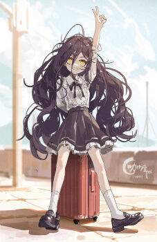 1girl absurdres arm_behind_back arm_up black_skirt brown_shoes chigalidepoi commentary_request frilled_shirt frills grin highres kamisaki_hikaru long_hair looking_at_viewer making-of_available medalist_(manga) shirt shoes signature skirt smile socks solo suitcase v white_shirt white_socks yellow_eyes