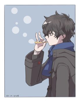 1boy amamiya_ren black-framed_eyewear black_eyes black_hair black_jacket blowing_bubbles blue_background blue_scarf border bubble_pipe commentary_request dated from_side glasses hair_between_eyes hand_up highres holding jacket long_sleeves looking_ahead male_focus meganeko_5605 mixed-language_commentary persona persona_5 profile scarf short_hair solo upper_body white_border