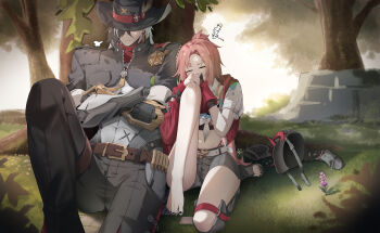 1boy 1girl absurdres asymmetrical_sleeves baseball_cap belt black_hair black_hat black_jacket black_nails black_pants black_shorts boothill_(honkai:_star_rail) boots bridal_gauntlets brown_belt bullet bullet_earrings closed_eyes closed_mouth clothing_cutout commentary cowboy cowboy_hat crop_top crossed_arms cyborg earrings fishnet_bridal_gauntlets fishnet_top fishnets forest full_body grey_armor grey_shorts hair_over_one_eye hat highres hip_vent honkai:_star_rail honkai_(series) horned_hat jacket jewelry knee_boots knee_up long_hair mechanical_arms midriff multicolored_hair nature navel open-toe_boots open_clothes open_jacket outdoors pants parted_bangs pink_hair ponytail rappa_(honkai:_star_rail) red_arm_warmers red_jacket shadow sheriff_badge shirt short_shorts shorts sidelocks singiru single_boot sitting sleeping split-color_hair tied_shirt tree two-tone_hair uneven_sleeves unworn_boots unworn_hat unworn_headwear western white_belt white_hair white_shirt wrist_belt zipper zzz