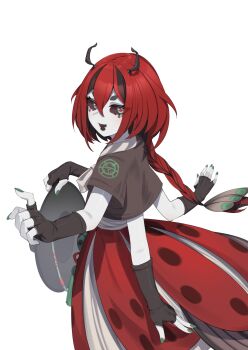 Rule 34 | 1girl, absurdres, antennae, beri (beribug), black gloves, black hair, black hat, black sclera, black shirt, black tongue, braid, chima (clothes), colored inner hair, colored sclera, colored skin, commentary, english commentary, extra arms, fangs, fingerless gloves, gat (hat), gloves, green eyes, green nails, hanbok, hat, highres, holding, holding unworn clothes, holding unworn hat, indie virtual youtuber, jeogori (clothes), korean clothes, ladybug girl, long hair, looking at viewer, multicolored eyes, multicolored hair, open mouth, red eyes, red hair, red skirt, shirt, short eyebrows, short sleeves, simple background, single braid, skirt, solo, two-tone eyes, unworn hat, unworn headwear, valefal coneri, virtual youtuber, white background, white skin