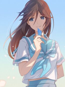 Rule 34 | absurdres, black hair, blue eyes, blue neckerchief, blue sailor collar, blue skirt, breasts, closed mouth, collarbone, commentary request, feathers, hair down, hibike! euphonium, highres, holding, holding feather, kasaki nozomi, kitauji high school uniform, liz to aoi tori, long hair, neckerchief, ponytail, sailor collar, sawara65, school uniform, shirt, short sleeves, skirt, smile, white shirt