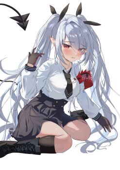 1girl absurdres black_boots black_gloves black_necktie black_skirt black_socks blue_archive blush boots breasts commentary dark-skinned_female dark_skin demon_tail dress_shirt embarrassed full_body gloves grey_hair hair_over_one_eye high-waist_skirt high_heel_boots high_heels highres iori_(blue_archive) knee_boots kneehighs lace-up_boots long_hair long_sleeves looking_at_viewer medium_breasts messy_hair miniskirt necktie parted_lips pointy_ears red_eyes shirt short_necktie simple_background sitting skirt socks solo swept_bangs tail twintails very_long_hair wariza white_background white_shirt yayayadoc